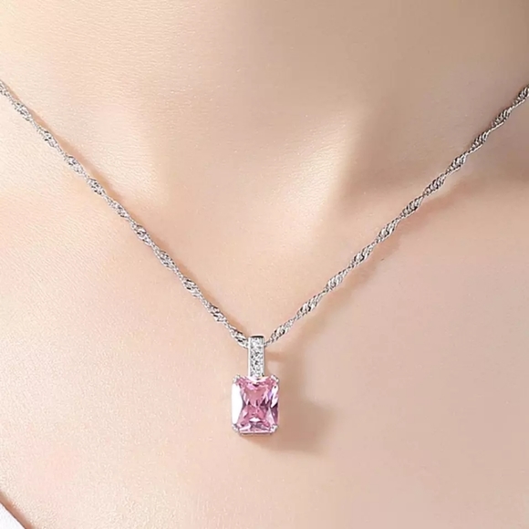 Pink Princess Cut AAA Cubic Zirconia Necklace - Picture 5 of 6